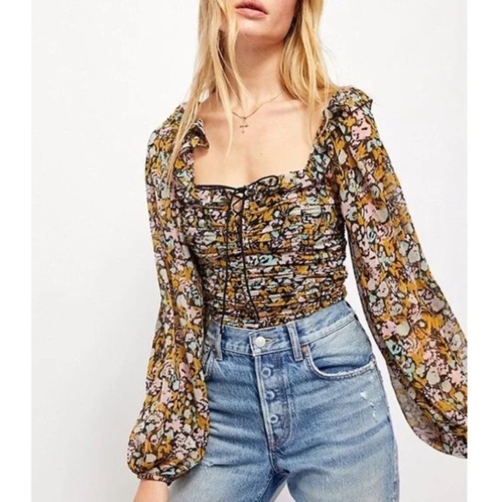 Free People Mable printed blouse long sleeve floral balloons sleeve crop small